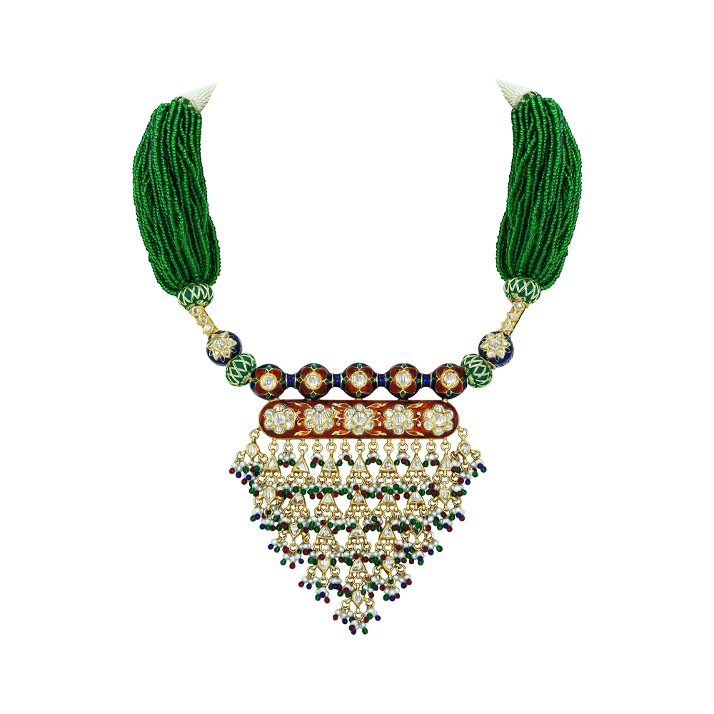 Green Beaded Necklace with Polki and Multicolour Fringe